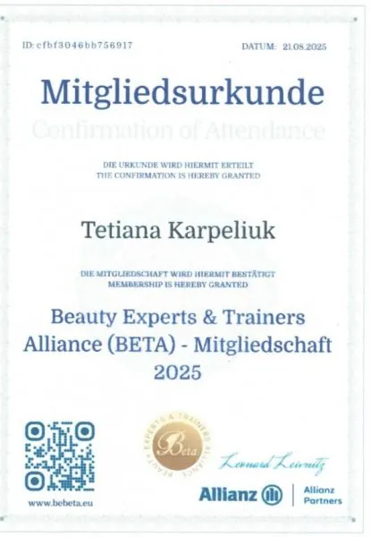 Membership certificate, Beauty Experts and Trainers Alliance