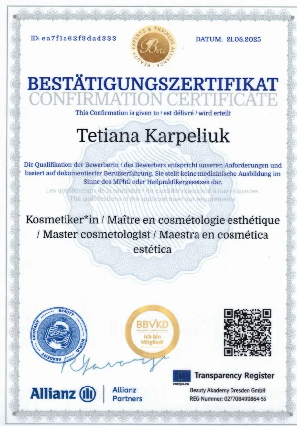 Tetiana Karpeliuk's beautician certificate