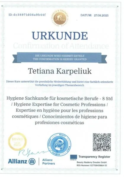 Urkunde Hygiene-Sachkunde für kosmetische Berufe