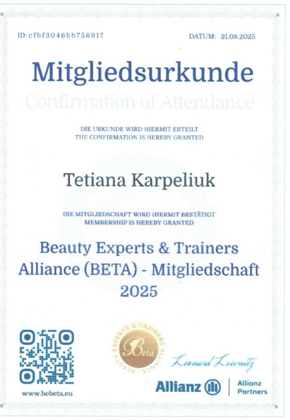 03 Zertifikat Mitgliedsurkunde Beauty Experts and Trainers Alliance