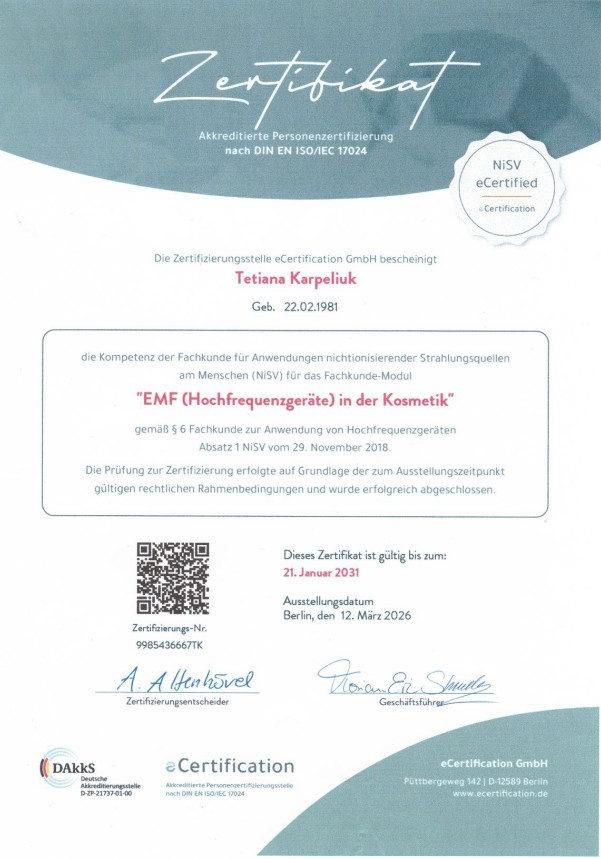 07 Zertifikat EMF Hochfrequenzgeraete in der Kosmetik